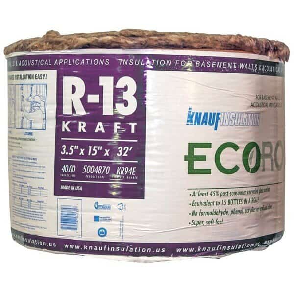 KR94E Kraft Faced Insulation, 40 sq-ft Coverage Area, 32 ft L, 15 in W, R-13 R-Value, Fiberglass