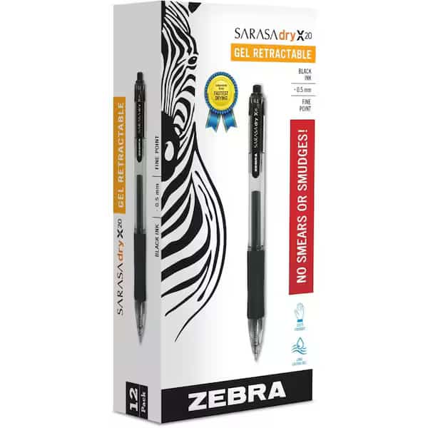 Zebra Sarasa Gel Retractable Pen, Fine, 0.5mm, Black Ink, Dozen