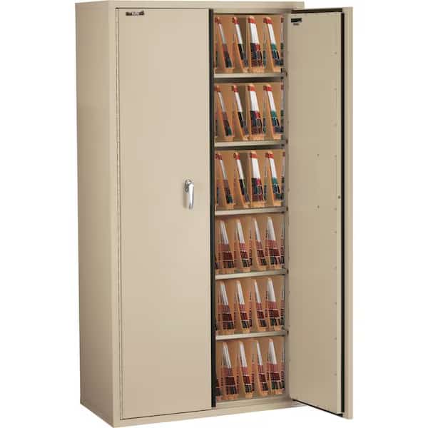 FireKingÂ Fireproof Storage Cabinet W/End Tab Inserts, 36"Wx19-1/4"Dx72"H, Parchment, Assembled