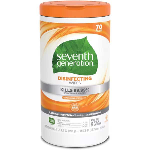 Disinfecting Cleaner, 7" W x 8" L Canister, Lemongrass Citrus, White, 70 PK