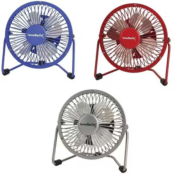 PowerZone FE-20 Personal Fan, 4 in Dia Blade, 120 VAC, Blue/Red/Silver