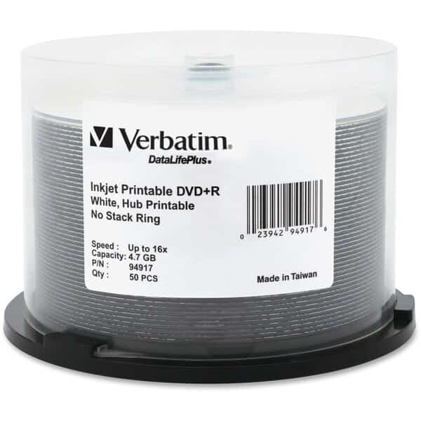 Verbatim DVD+R, 94917, 16X Speed, 4.7GB, Inkjet/Hub Printable, 50/Pk