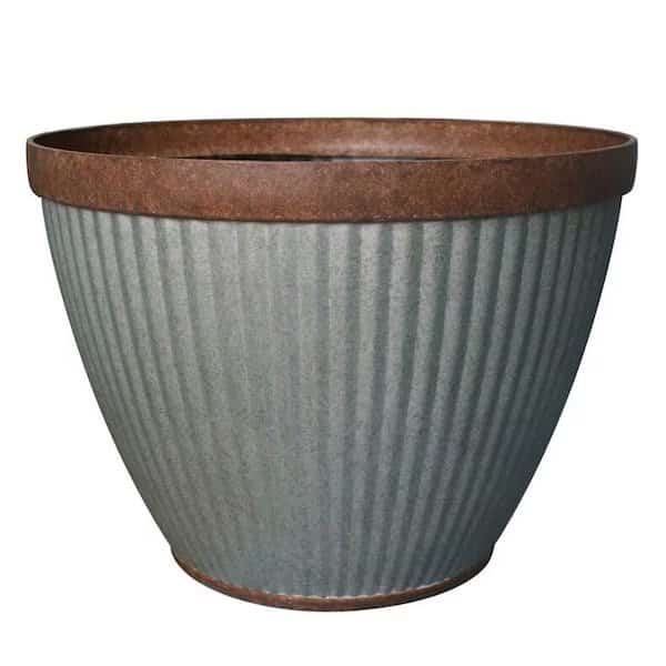 Westlake Planter, 15 in Dia, Round, Resin, Rustic Galvanized, Silvery