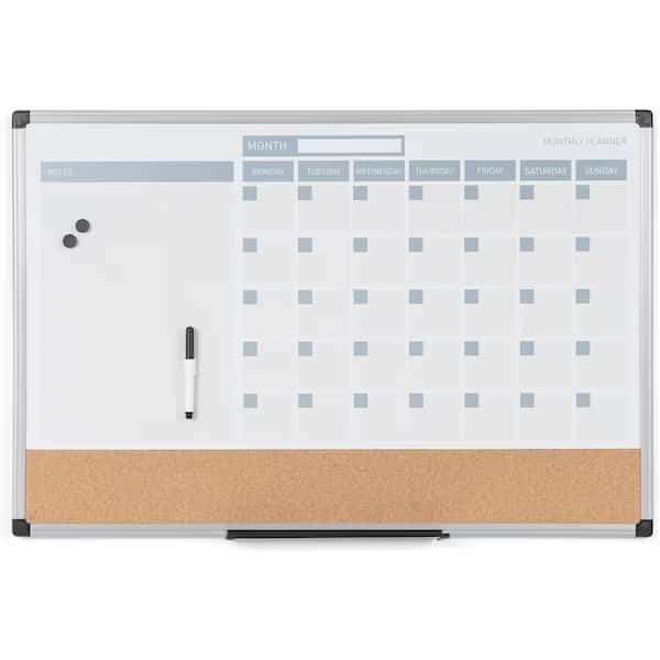 Calendar Planning Board, Steel, 24 in, 36 in, Aluminum Frame, Natural, Gloss