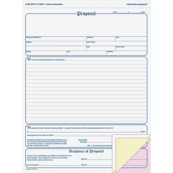 Tops Proposal Forms, 3-Part, Carbonless, 8-1/2" x 11", White/Canary Pink, 50 Sets/Pack