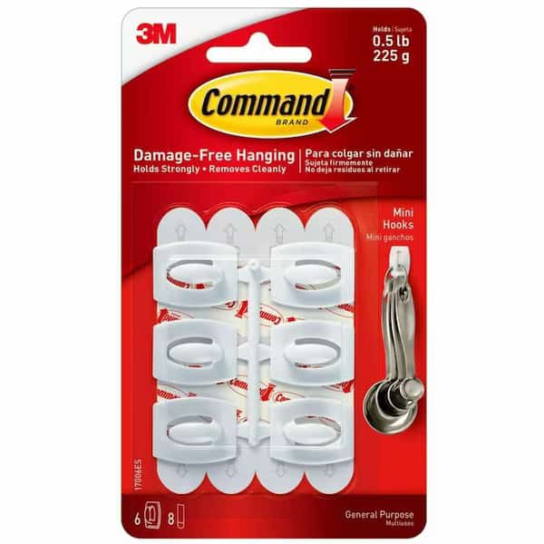 Command Hooks, Mini , 1/2lb. Capacity, 6 Hooks/8 Strips