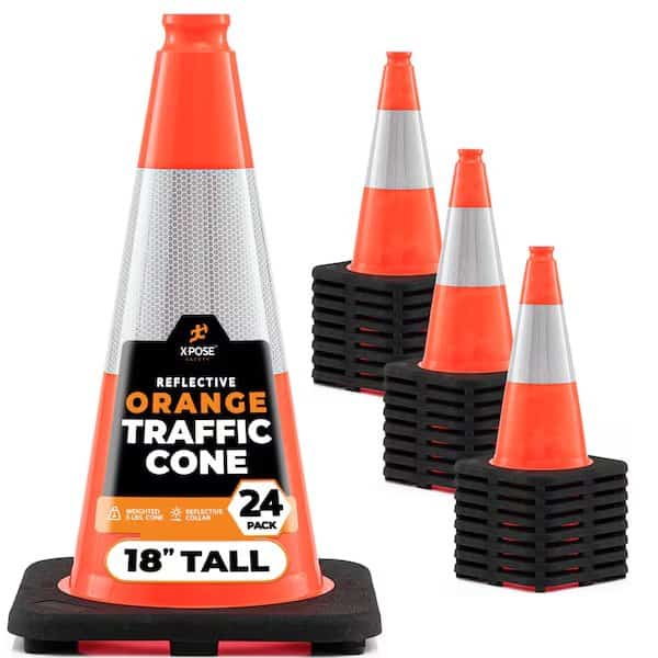 Traffic Safety Cone, 18 in, PVC, 6 in Reflective Collar, DOT Approved, Orange, 24 pk