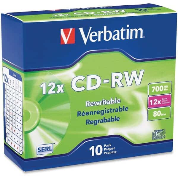 Verbatim CD-RW Discs, 95156, 4-12X, 700MB/80Min, Slim Case, 10/Pk, Silver