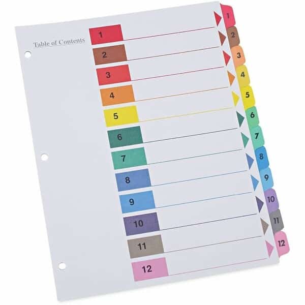 One Table of Contents Dividers, Assorted Color 12-Tab, 1-12, Letter, White, 6/PK, Universal, Mfr#: UNV24806***
