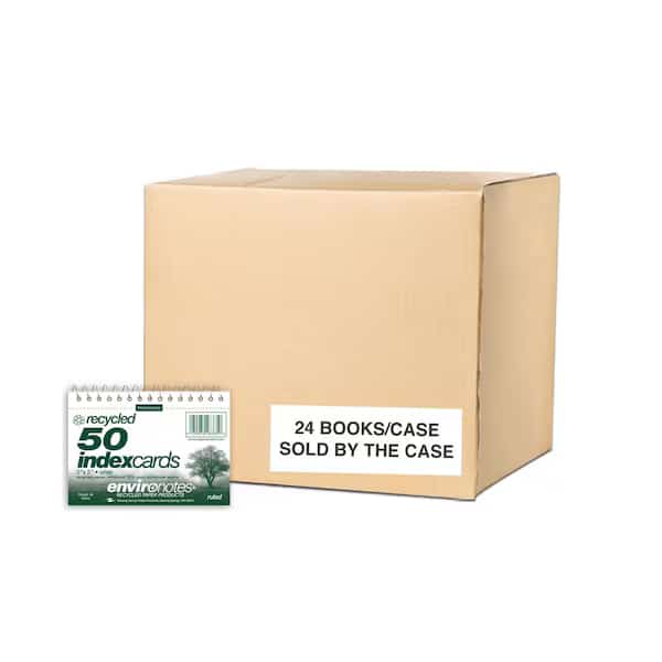 Case of Spiral Bound Recycled Index Cards 3"x5", 50 CT pk, Narrow Ruled, Perforated, Blank on Back