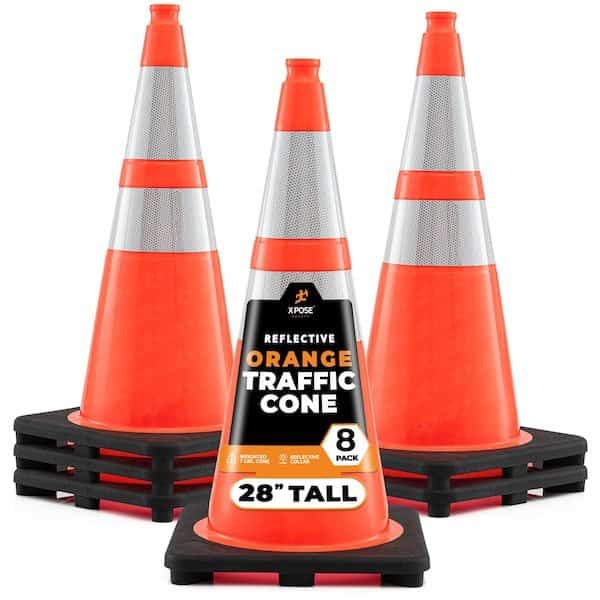 Traffic Safety Cone, 28 in, PVC, Dual 6 in & 4 in Reflective Collar, Orange, 8 pk
