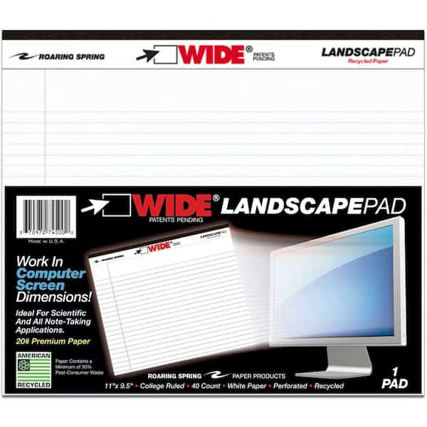 Wide College Ruled Landscape Legal Pad, 11 x 95 40 Sheets, White, White
