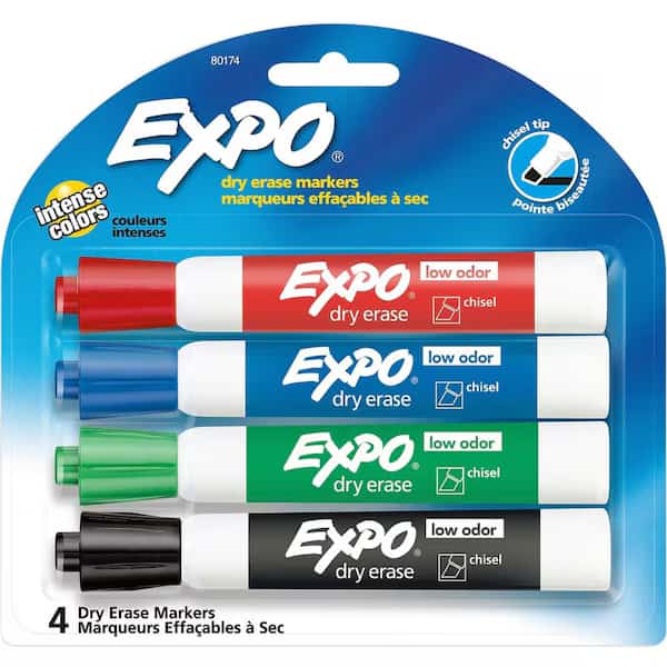 Dry Erase Marker Set, Chisel Tip, Assorted Colors PK4 Low Odor
