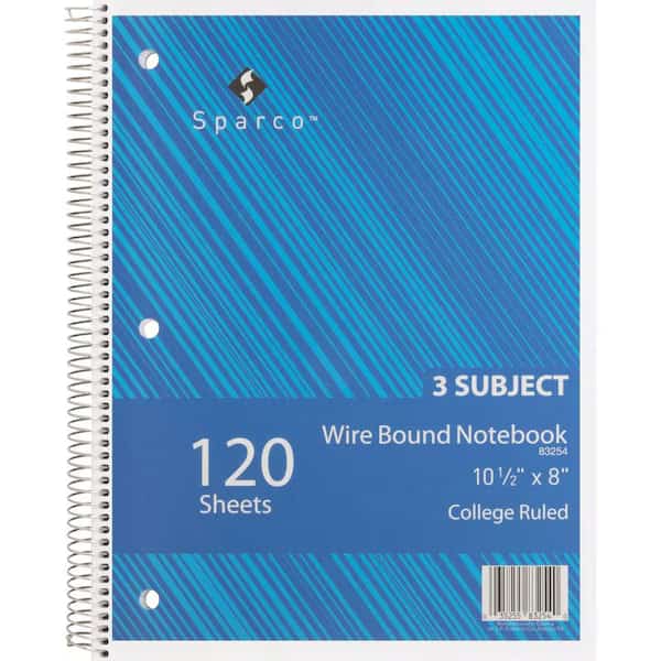 Sparco 3-Subject Notebook, 8" x 10-1/2", College Ruled, Bright White, 120 Sheets/Pad