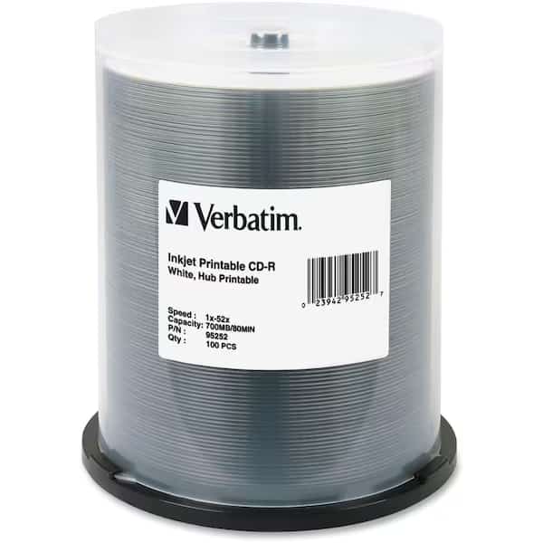 Verbatim CD-R Discs, 95252, 52X, 700MB/80Min, Inkjet/Hub Printable, Spindle, 100/Pk, White