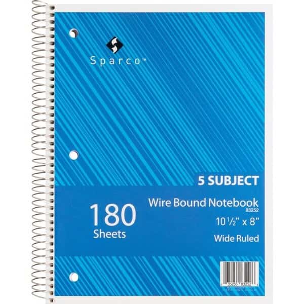 Sparco 5-Subject Notebook, 8in x 10-1/2in, Wide Ruled, Bright White, 180 Sheets/Pad
