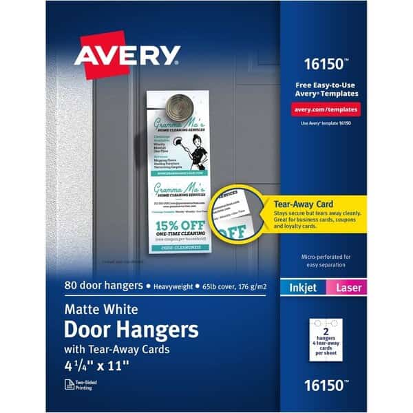 Avery Door Hanger W/Tear-Away Cards 16150, 9-1/2" x 12-1/8", White, 80/Pack
