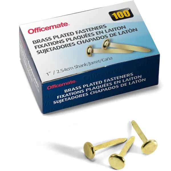 Officemate Round Head Fastener, 1" Length Shank, 3/8" Head, Brass Plated, 100/Box