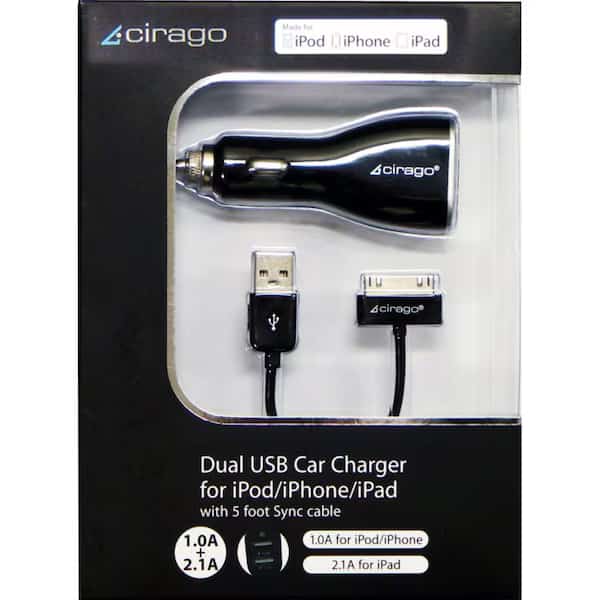 Cable-Dual USB Car Charger-with Sync Cable-Black Dual USB charging ports - 2.1A and 1.0A, Cirago International, Mfr#: IPA3510