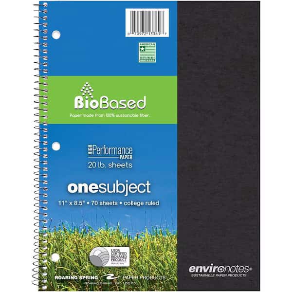 Environotes College Ruled 1 Subject Recycled Spiral Notebook, 11 x 85 70 Sheets, Assorted