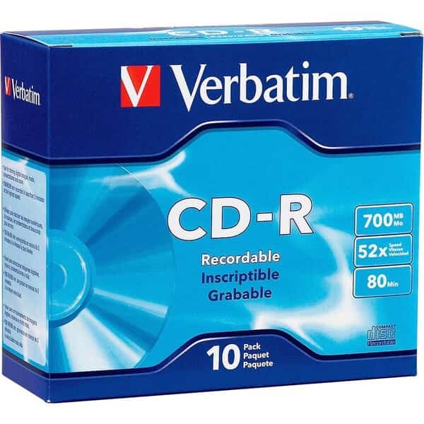 Verbatim CD-R Discs, 94935, 52X, 700MB/80Min, Branded, Slim Case, 10/Pk