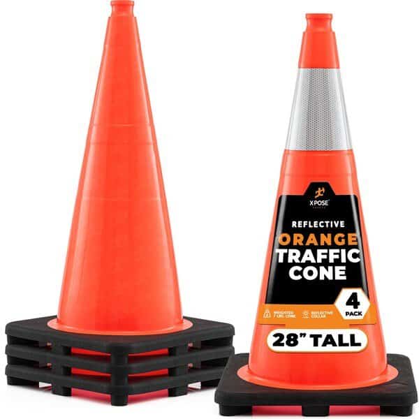 Traffic Safety Cone, 28 in, PVC, 6 in Reflective Collar, DOT Approved, Orange, 4 pk