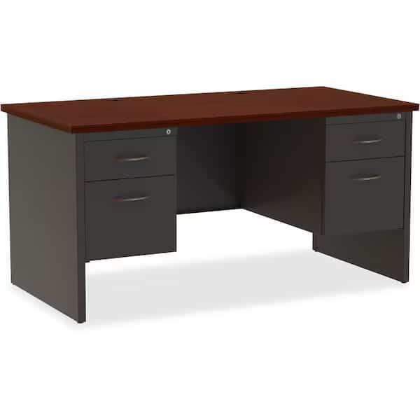 Office Desk, Double Pedestal, 60"W x 30"D, Charcoal/Mahogany