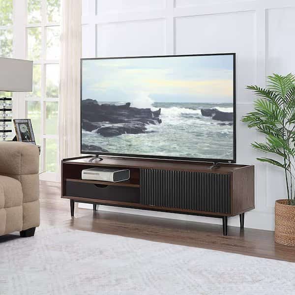 Duane 59.25 Modern Ribbed TV Stand in Dark Brown and Black