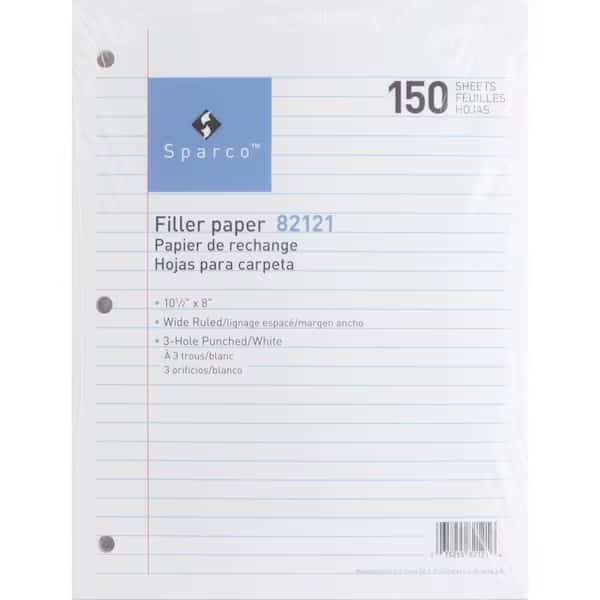 Sparco Notebook Filler Paper, 8" x 10-1/2", Wide Ruled, 150 Sheets/Pack