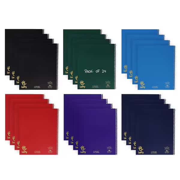Case of Lefty WB Left Handed Notebooks, 3 Sub, 11"x9", 120 sht, Right Side Wire, Asstd Colors, PK24