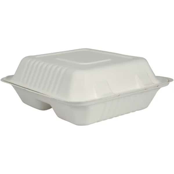 Containers, To-Go, Three-Compartment Clam Shell Meal Box w/ Hinged Lid