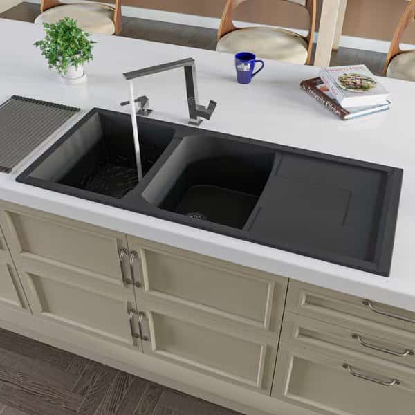 Black 46" Dbl Bowl Granite Composite Kitchen Sink W/ Drainboard