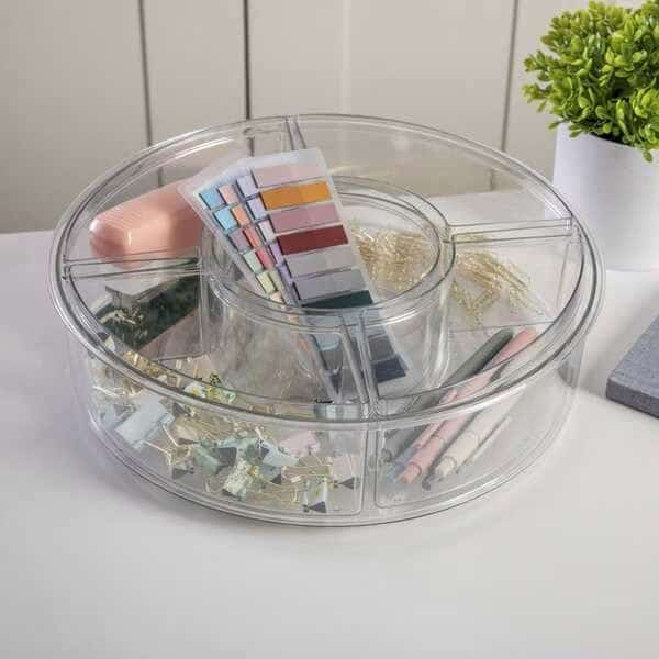 Brody Divided Lazy Susan Organizer W/ 5 Removable Bins, 360Deg Rotating Desk Organizer, 12in, Clear