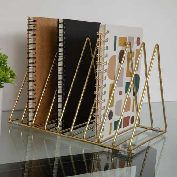 Ryder Gold Metal 9 Slot Triangle Magazine File Holder, Desktop Organizer Sorter