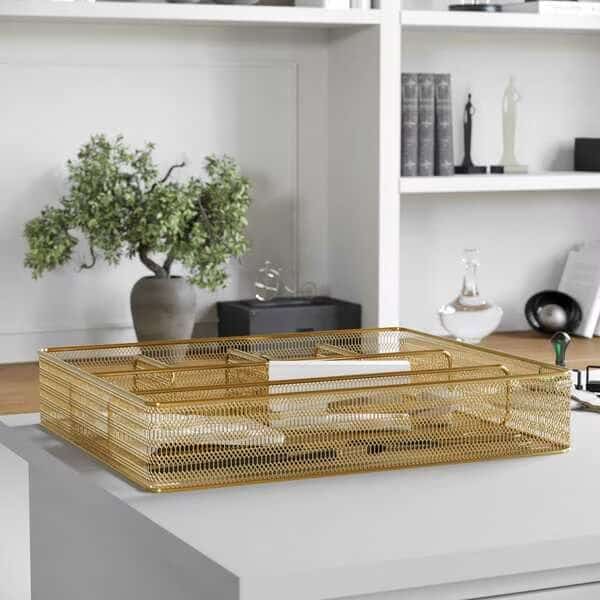 Ryder Gold Mesh Metal 6 Compartment Large Desk Drawer Organizer for Accessories and Office Supplies