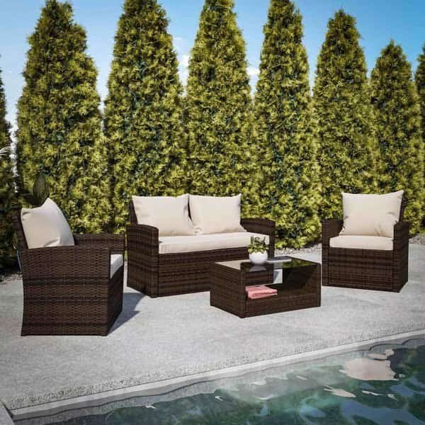 Aransas Series 4 Piece Brown Patio Set with Beige Back Pillows and Seat Cushions
