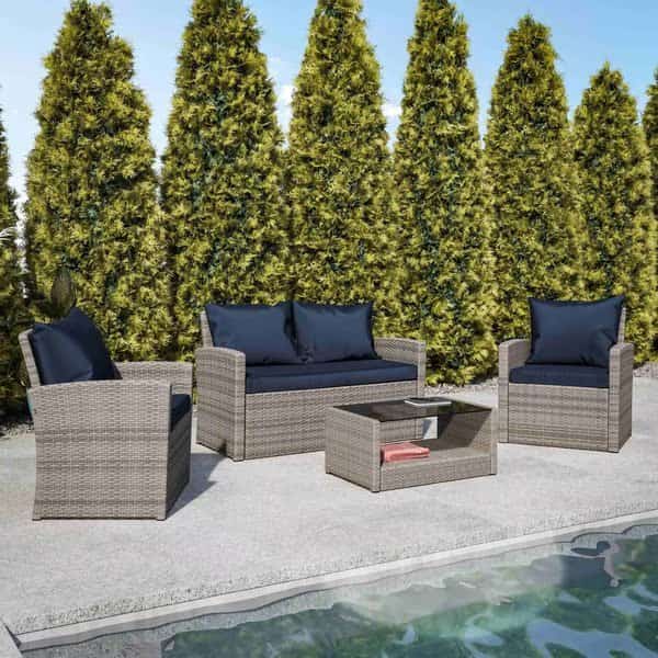 Aransas Series 4 Piece Light Gray Patio Set with Navy Back Pillows and Seat Cushions