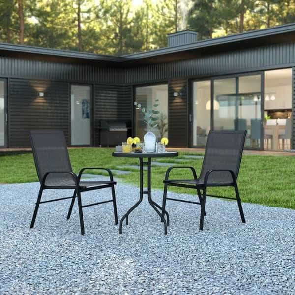 3PC Patio Set-23.75RD Glass Table, 2 Black Chairs
