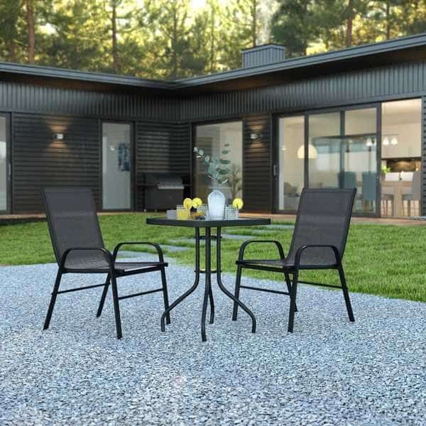 3PC Patio Set-23.5SQ Glass Table, 2 Black Chairs