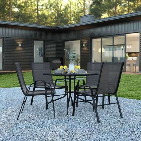 5PC Patio Set-31.5SQ Glass Table, 4 Black Chairs