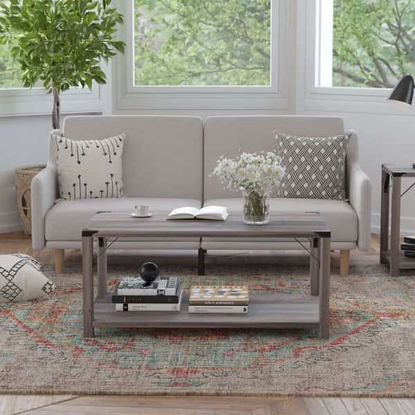 Gray Wash Coffee Table with Black Metal Accents