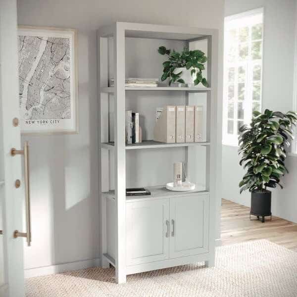 Hutton Four Tier Shaker Style Bookcase with Storage Cabinet in Gray with Brushed Nickel Hardware