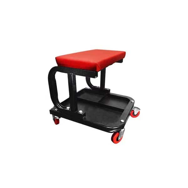 Rolling Work Seat - padded cushion, under-seat tool tray, and four ball-bearing casters