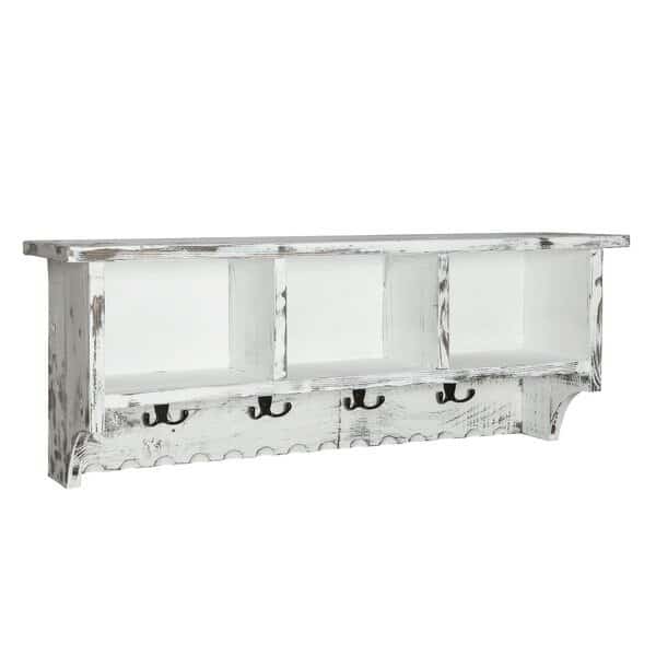 Country Cottage Coat Hooks with Storage Cubbies, White Antique Finish