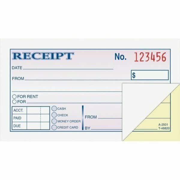 MONEY/RENT RECEIPT BK, TAPE BOUND, 2-PART,