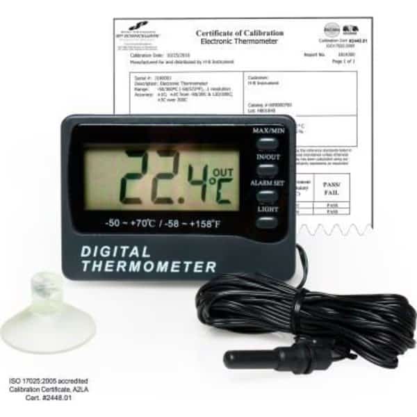 H-B DURAC Calibrated Dual Zone Elec Thermometer , -50/70C -58/158F Ext, -10/50C 14/122F Int, Bel-Art, Mfr#: 609000500