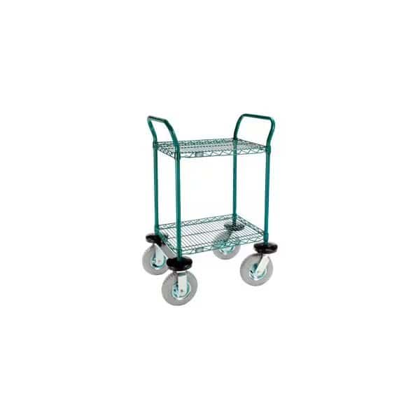 Nexel Utility Cart, 2 Shelf, Poly-Green, 24"L x 18"W x 42"H, Pneumatic Rigid Casters
