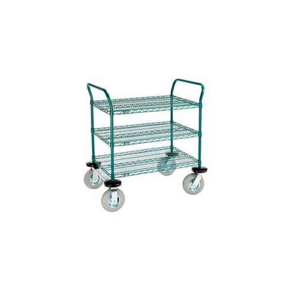 Nexel Utility Cart, 3 Shelf, Poly-Green, 36"L x 24"W x 42"H, Pneumatic Rigid Casters