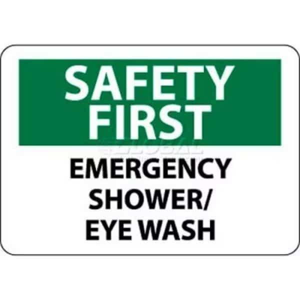 NMC OSHA Sign, Safety First - Emergency Shower/Eye Wash, 7in X 10in, White/Green/Black