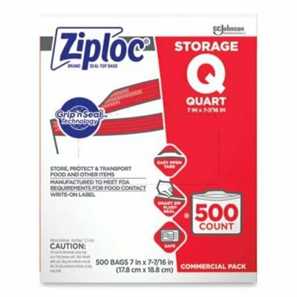 Ziploc, DOUBLE ZIPPER STORAGE BAGS, 1 QT, 1.75 MIL, 7in X 7.75in, CLEAR, 500/BOX